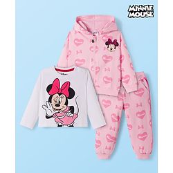 Babyhug Terry Knit Drop Shoulder Full Sleeves Hooded SweatJacket & Lounge Pant Set with T-Shirt Minnie & Friends Graphic - Pink