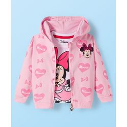 Babyhug Terry Knit Drop Shoulder Full Sleeves Hooded SweatJacket & Lounge Pant Set with T-Shirt Minnie & Friends Graphic - Pink