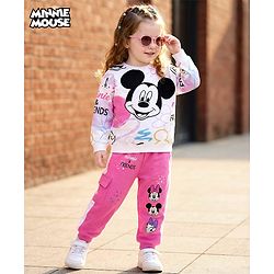Babyhug Disney Terry Knit Drop Shoulder Full Sleeves Sweatshirt & Track Pant Set with Badge Detailing Minnie & Friends Graphic - Pink & White (Design May Vary)