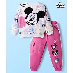 Babyhug Disney Terry Knit Drop Shoulder Full Sleeves Sweatshirt & Track Pant Set with Badge Detailing Minnie & Friends Graphic - Pink & White (Design May Vary)