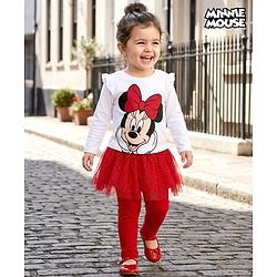 Babyhug Disney Single Jersey Knit Full Sleeves T-Shirt & Legging With Minnie Mouse Graphics & Mesh skirt Detailing - White & Red