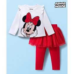 Babyhug Disney Single Jersey Knit Full Sleeves T-Shirt & Legging With Minnie Mouse Graphics & Mesh skirt Detailing - White & Red