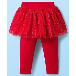 Babyhug Disney Single Jersey Knit Full Sleeves T-Shirt & Legging With Minnie Mouse Graphics & Mesh skirt Detailing - White & Red