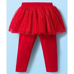 Babyhug Disney Single Jersey Knit Full Sleeves T-Shirt & Legging With Minnie Mouse Graphics & Mesh skirt Detailing - White & Red