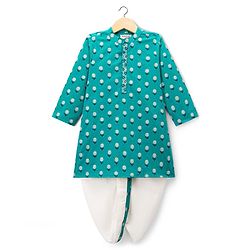 Babyhug Cambric Woven Full Sleeves Kurta Dhoti Set with Floral Print - Turquoise