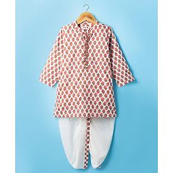 Babyhug Cambric Woven Full Sleeves Kurta Dhoti Set With Floral Print - White