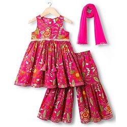Babyhug Cambric Woven Sleeveless Kurti Palazo & Dupatta Set With Floral Print - Pink