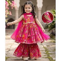 Babyhug Cambric Woven Sleeveless Kurti Palazo & Dupatta Set With Floral Print - Pink