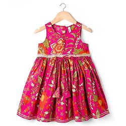 Babyhug Cambric Woven Sleeveless Kurti Palazo & Dupatta Set With Floral Print - Pink