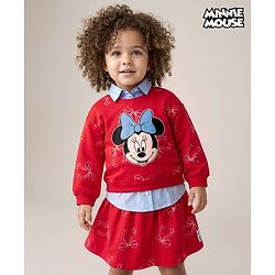 Babyhug Disney Terry Knit Drop Shoulder Full Sleeves Sweatshirt with Inner Shirt & Skirt Set with Minnie Graphics - Red