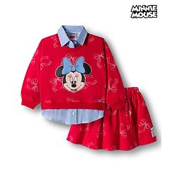 Babyhug Disney Terry Knit Drop Shoulder Full Sleeves Sweatshirt with Inner Shirt & Skirt Set with Minnie Graphics - Red