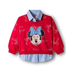 Babyhug Disney Terry Knit Drop Shoulder Full Sleeves Sweatshirt with Inner Shirt & Skirt Set with Minnie Graphics - Red