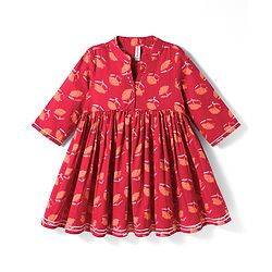 Babyhug Cambric Woven Three Fourth Sleeves Ethnic Dress with Floral Print - Rust Orange