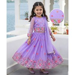 Babyhug Georgette Woven Three Fourth Sleeve Choli Lehenga & Dupatta Set with Floral Embroidery - Lavender