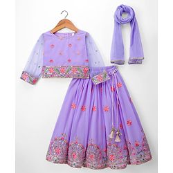 Babyhug Georgette Woven Three Fourth Sleeve Choli Lehenga & Dupatta Set with Floral Embroidery - Lavender