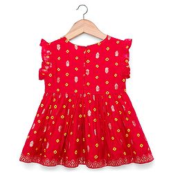 Babyhug Brocade Woven Sleeveless Bandhani Printed Long Brocade Choli & Chanderi Lahenga Set with Dupatta - Red & Yellow