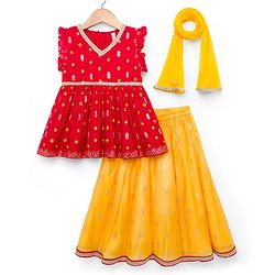Babyhug Brocade Woven Sleeveless Bandhani Printed Long Brocade Choli & Chanderi Lahenga Set with Dupatta - Red & Yellow