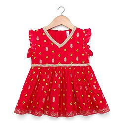 Babyhug Brocade Woven Sleeveless Bandhani Printed Long Brocade Choli & Chanderi Lahenga Set with Dupatta - Red & Yellow