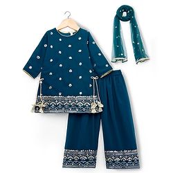 Babyhug Georgette Woven Half Sleeves Kurti Palazzo Set With Floral Embroidery & Dupatta - Navy Blue
