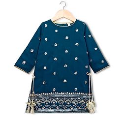Babyhug Georgette Woven Half Sleeves Kurti Palazzo Set With Floral Embroidery & Dupatta - Navy Blue