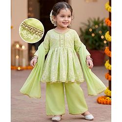 Babyhug Chanderi Woven Three Fourth Sleeves Kurta Salwar & Dupatta Set With Floral Embroidery - Lime Green