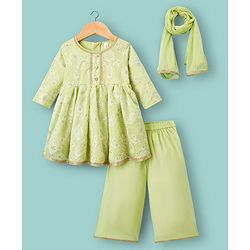 Babyhug Chanderi Woven Three Fourth Sleeves Kurta Salwar & Dupatta Set With Floral Embroidery - Lime Green