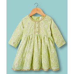 Babyhug Chanderi Woven Three Fourth Sleeves Kurta Salwar & Dupatta Set With Floral Embroidery - Lime Green