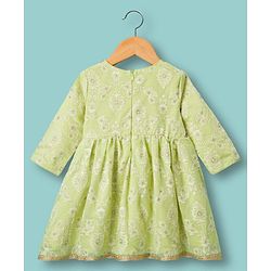 Babyhug Chanderi Woven Three Fourth Sleeves Kurta Salwar & Dupatta Set With Floral Embroidery - Lime Green