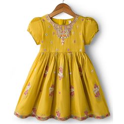 Babyhug Chanderi Woven Half Sleeves Ethnic Dress With Floral Embroidery - Yellow