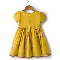 Babyhug Chanderi Woven Half Sleeves Ethnic Dress With Floral Embroidery - Yellow