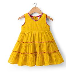Babyhug Chanderi Woven Sleeveless Ethnic Dress  with Polka Dots & Lace Detailing - Yellow
