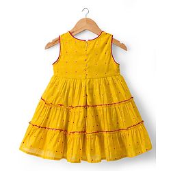 Babyhug Chanderi Woven Sleeveless Ethnic Dress  with Polka Dots & Lace Detailing - Yellow