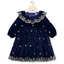 Babyhug Velvet Woven Full Sleeves Floral Embroidered & Sequinned Ethnic Dress- Navy