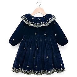 Babyhug Velvet Woven Full Sleeves Floral Embroidered & Sequinned Ethnic Dress- Navy