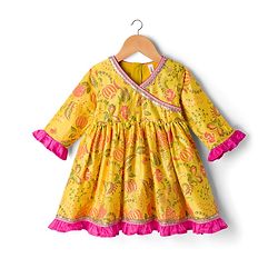 Babyhug Cambric Woven Three Fourth Sleeves Ethnic Dress With Floral Print &With Embroidery Yoke - Yellow