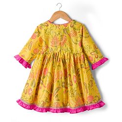 Babyhug Cambric Woven Three Fourth Sleeves Ethnic Dress With Floral Print &With Embroidery Yoke - Yellow