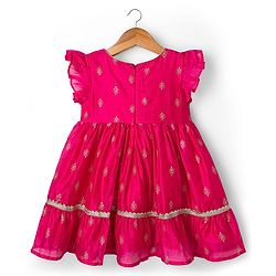 Babyhug Woven Frill Sleeves Ethnic Dress With Floral Embroidery & Sequin Detailing - Fuchsia