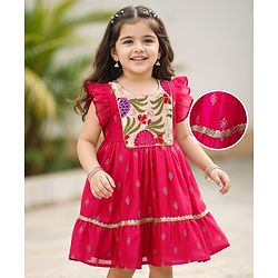 Babyhug Woven Frill Sleeves Ethnic Dress With Floral Embroidery & Sequin Detailing - Fuchsia