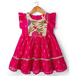 Babyhug Woven Frill Sleeves Ethnic Dress With Floral Embroidery & Sequin Detailing - Fuchsia