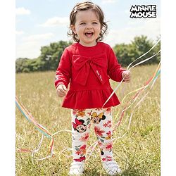 Babyhug Disney Terry Knit Drop Shoulder Full Sleeves Sweatshirt & Leggings Set with Minnie Mouse Graphic & Bow Applique - Red & White