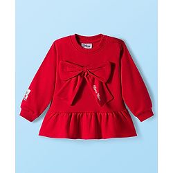 Babyhug Disney Terry Knit Drop Shoulder Full Sleeves Sweatshirt & Leggings Set with Minnie Mouse Graphic & Bow Applique - Red & White