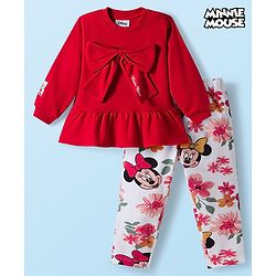 Babyhug Disney Terry Knit Drop Shoulder Full Sleeves Sweatshirt & Leggings Set with Minnie Mouse Graphic & Bow Applique - Red & White