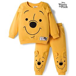 Babyhug Disney Terry Knit Drop Shoulder Full Raglan Sleeves Sweatshirt & Lounge Pant Set with Winnie the Pooh Graphic & Ear Applique - Yellow