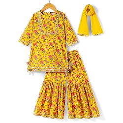 Babyhug Cambric Woven Three Fourth Sleeves  Floral Printed Kurta Gharara Set with Dupatta -  Mustard