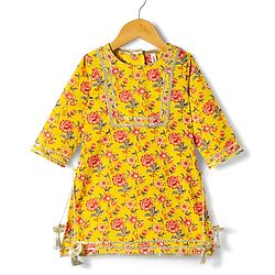 Babyhug Cambric Woven Three Fourth Sleeves  Floral Printed Kurta Gharara Set with Dupatta -  Mustard