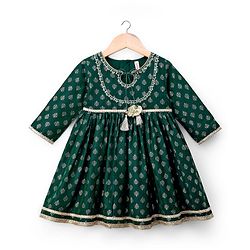 Babyhug Woven Three Fourth Sleeves Kurti Salwar Set With Foil Floral Print & Dupatta - Green