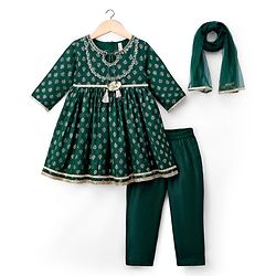 Babyhug Woven Three Fourth Sleeves Kurti Salwar Set With Foil Floral Print & Dupatta - Green