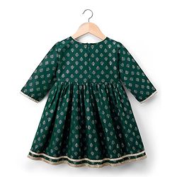 Babyhug Woven Three Fourth Sleeves Kurti Salwar Set With Foil Floral Print & Dupatta - Green