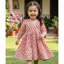 Babyhug Cambric Woven Three Fourth Sleeves Ethnic Dress With Floral Print - Off White