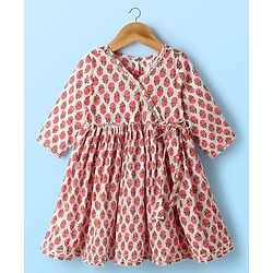 Babyhug Cambric Woven Three Fourth Sleeves Ethnic Dress With Floral Print - Off White